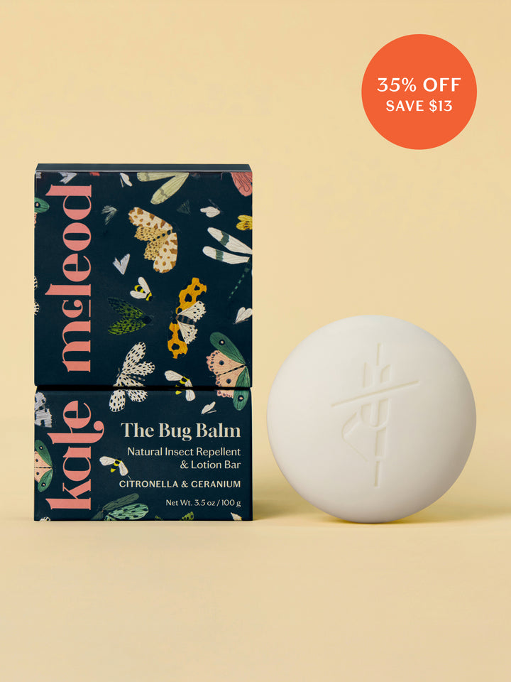 Bug Balm Body Stone lotion bar with packaging against light yellow background.