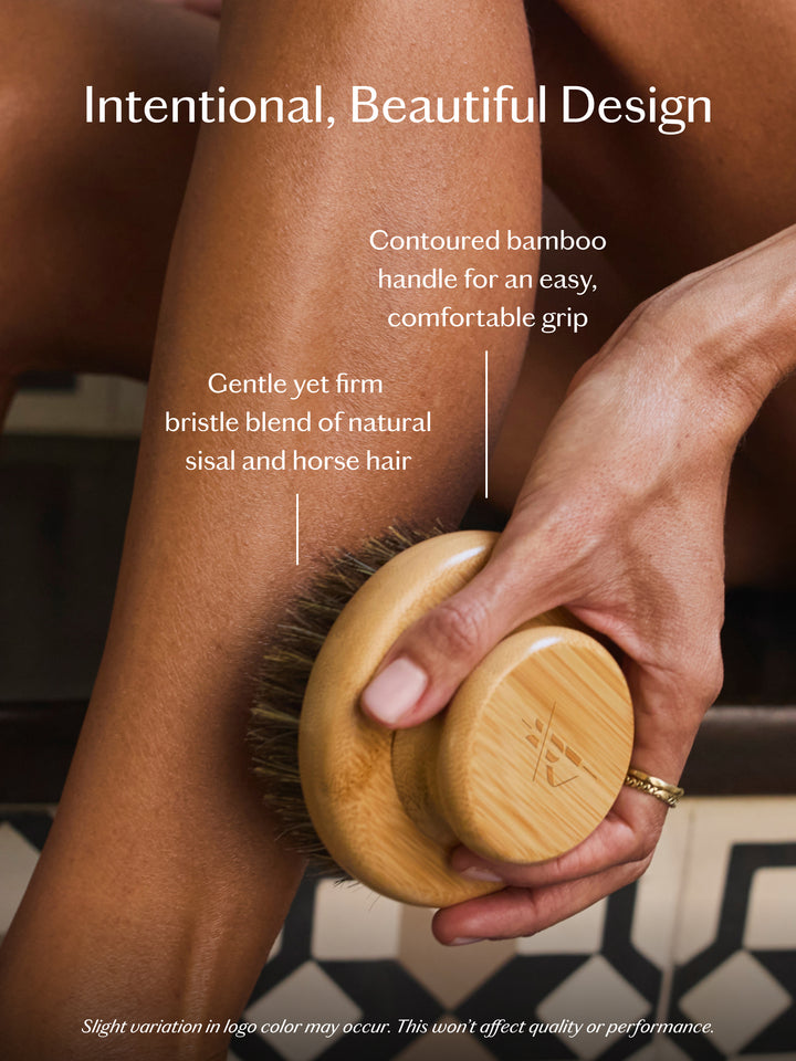 Person using the dry brush on their leg with text about design and materials.