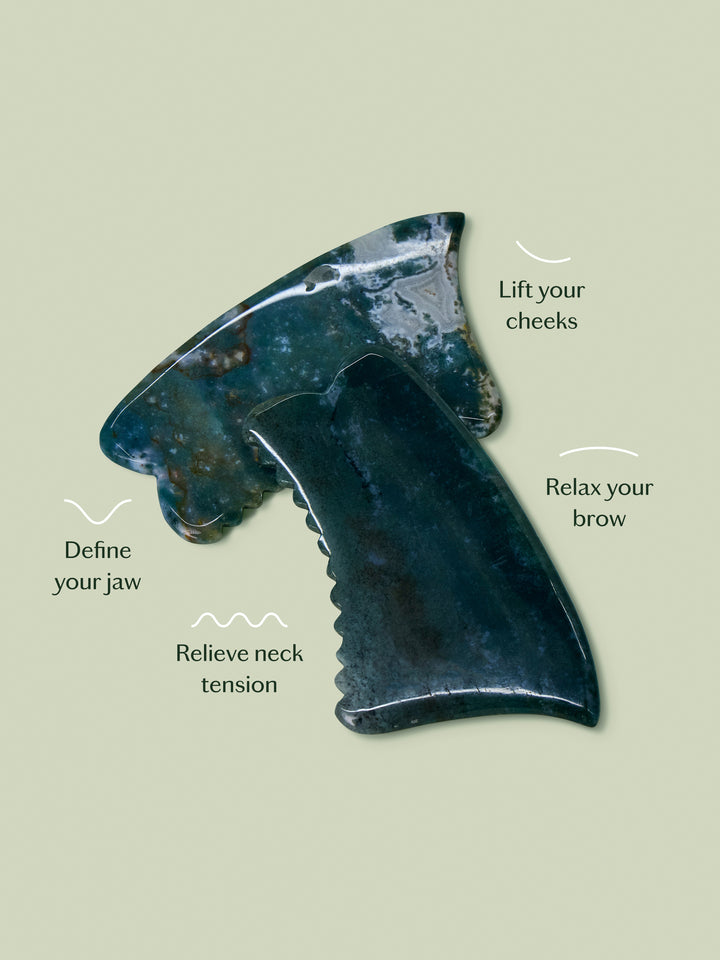 Gua Sha tool on a light green background with text describing its uses.