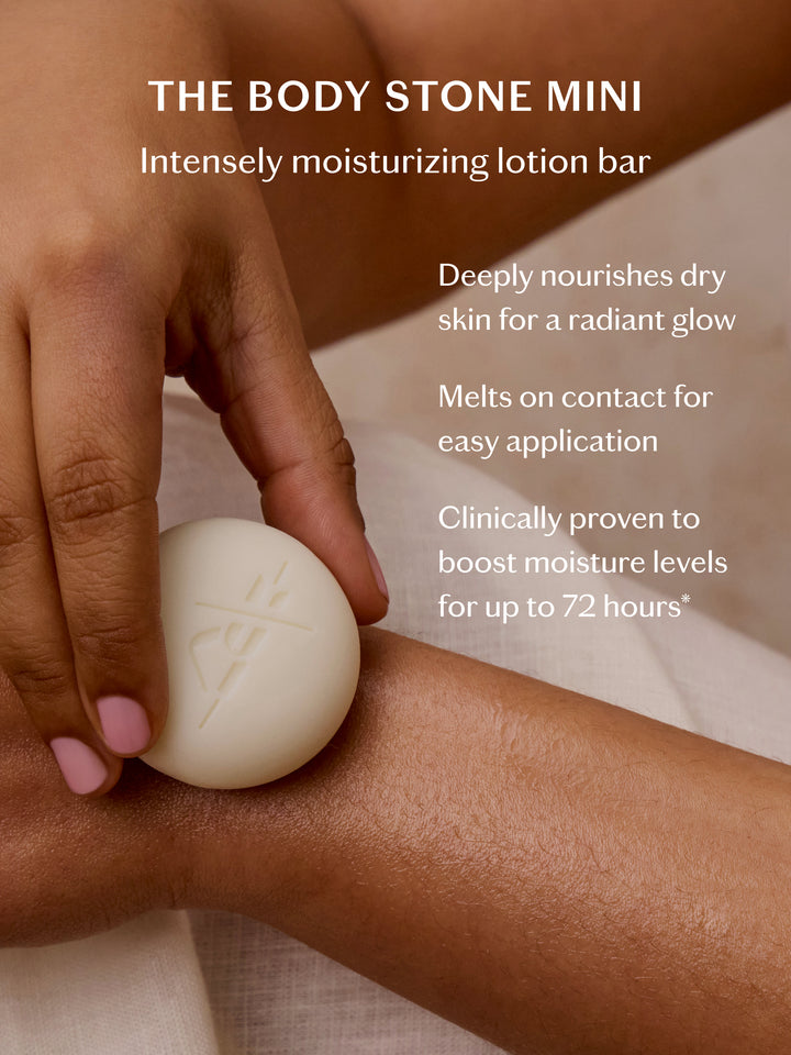 Informational image showing the intensely moisturizing benefits of the sleep stone mini lotion bar.