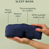 Lunya Washable Silk Sleep Mask held by a hand with features listed on a light green background. Blocks out light, reduces noise, thermoregulating comfort, 100% washable mulberry silk.