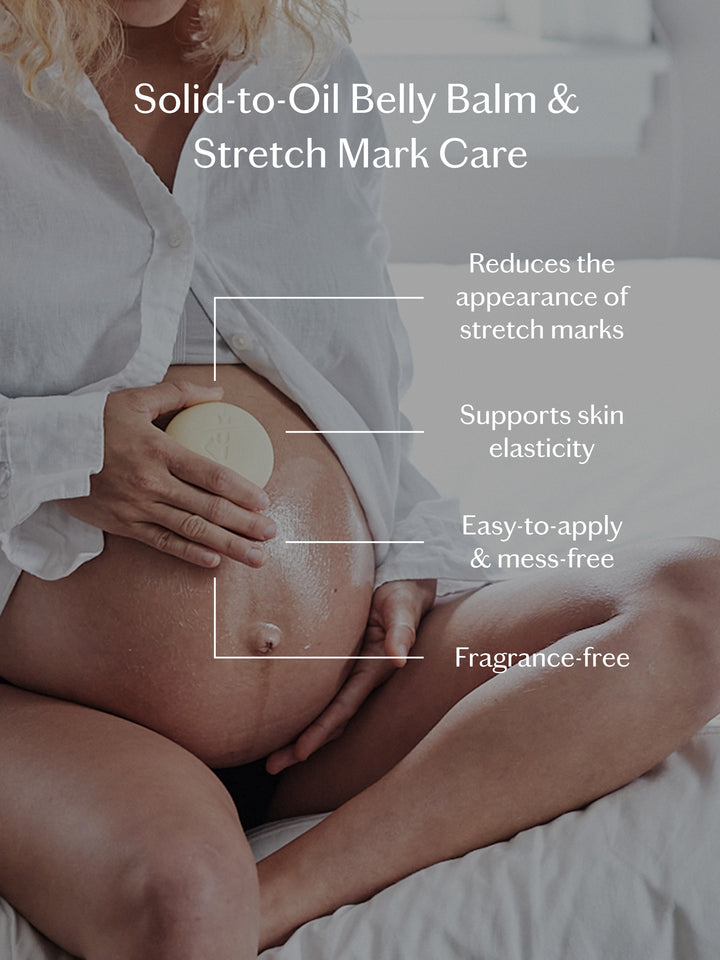 Pregnant woman applying the Mama Stone with text about its benefits.