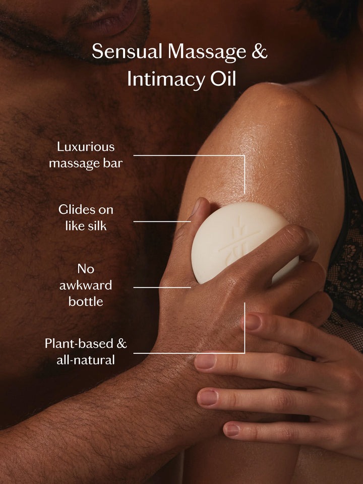 Person applying a massage oil bar to skin with text highlighting features