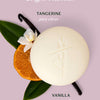 Kate McLeod Tangerine & Vanilla lotion bar with ingredients. Tangerine for juicy citrus and vanilla for creamy comfort.
