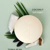 Kate McLeod Tonka Bean & Coconut lotion bar with ingredients. Coconut for lush tropics and tonka bean for warm allure.