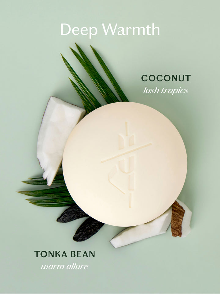 Kate McLeod Tonka Bean & Coconut lotion bar with ingredients. Coconut for lush tropics and tonka bean for warm allure.