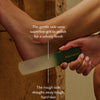 Person using a foot file on their leg with text explaining its use.