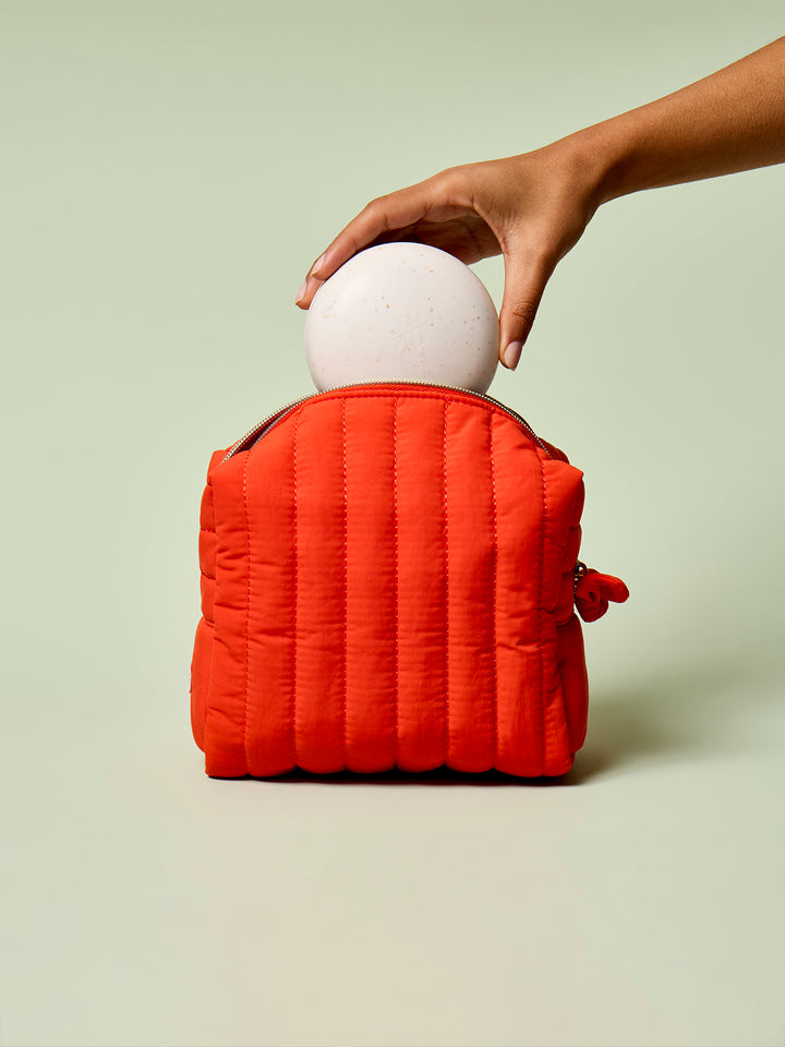 Person placing a Full-Size Travel Case into the poppy Travel Bag against a light green background.
