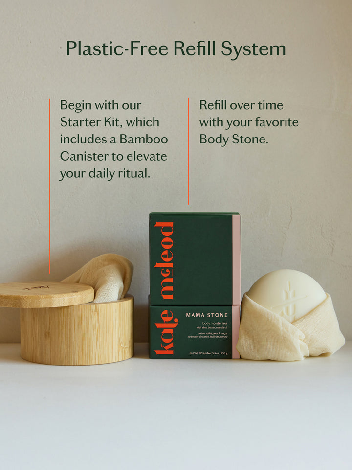 Kale Meled product with a bamboo canister and body stone on a neutral background
