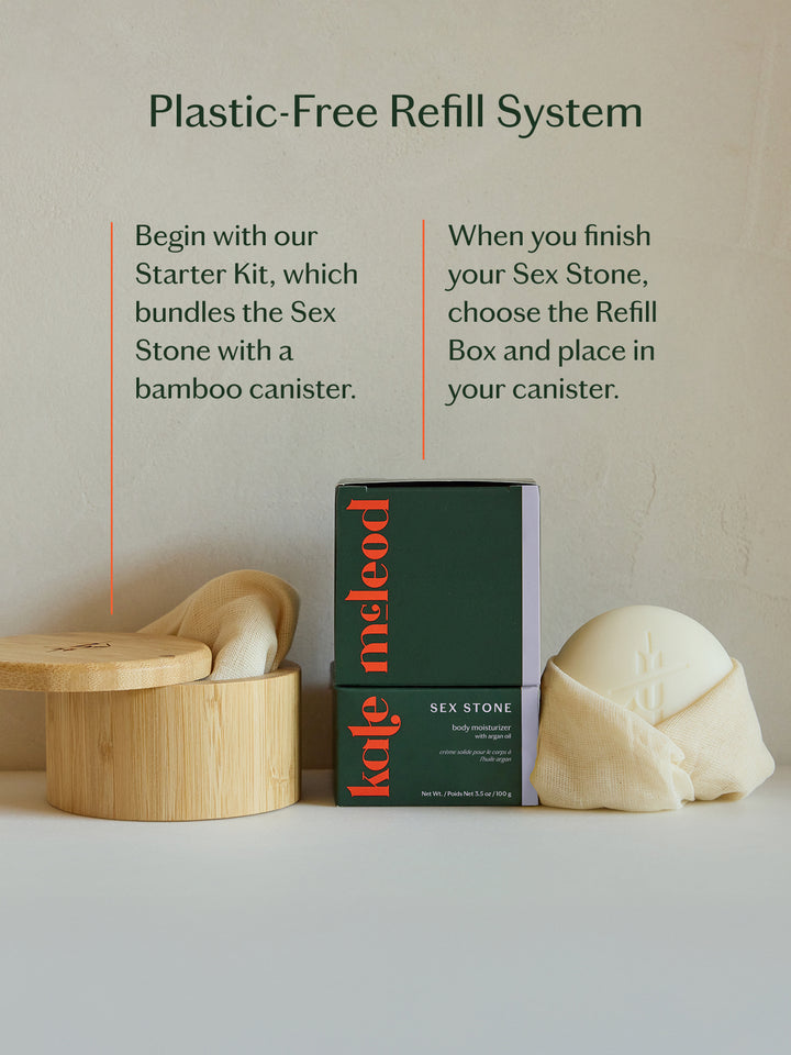 Kate McLeod Sex Stone with packaging and bamboo canister on a neutral background describing plastic free refill system
