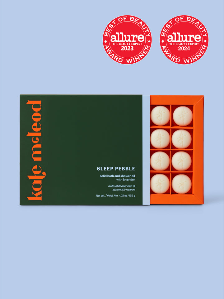 Sleep Pebble packaging with Allure awards on a lavender background