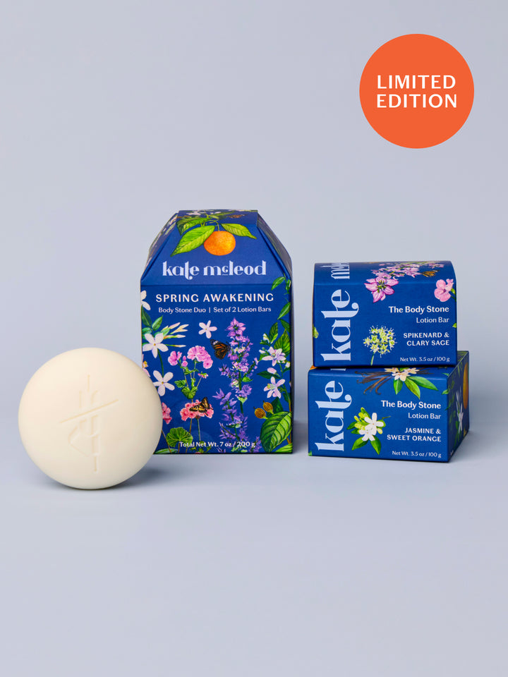 Kate McLeod Spring Awakening Body Stone Duo external packaging and stack of the two internal boxes side-by-side.