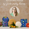 Portrait of the artist Julia Whitney Barnes who designed the special edition artwork with Spring Duo packaging, Bamboo Canister, white Body Stone, oranges, and flowers.
