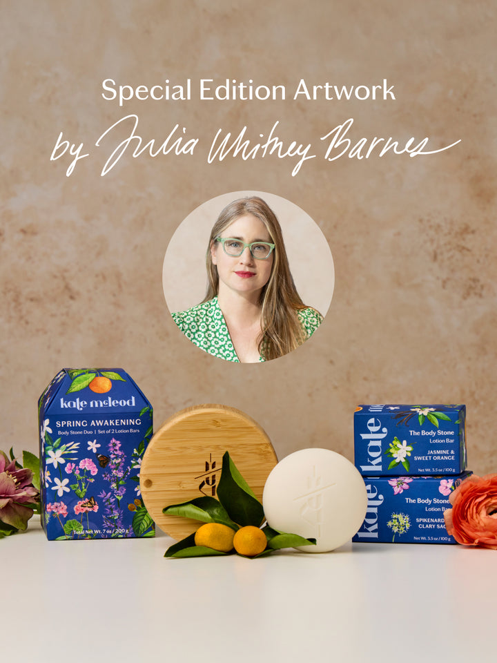 Portrait of the artist Julia Whitney Barnes who designed the special edition artwork with Spring Duo packaging, Bamboo Canister, white Body Stone, oranges, and flowers.
