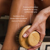 Person using the dry brush on their leg with text about design and materials.