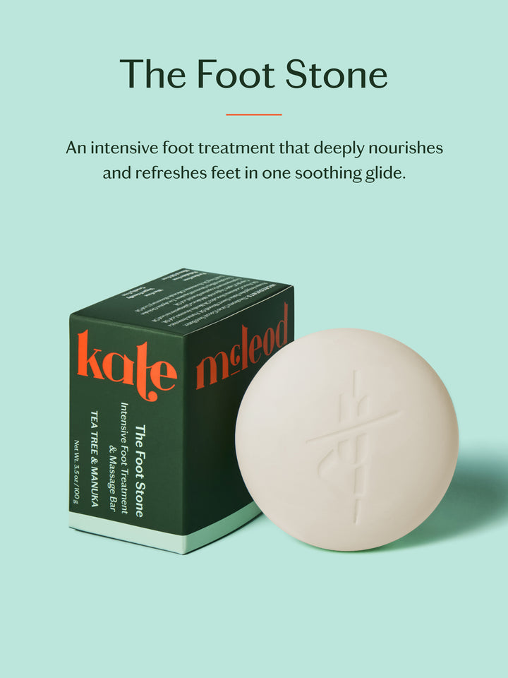 Foot Stone product with packaging describing what it is. The Foot Stone is an intensive foot treatment that deeply nourishes and refreshes feet in one soothing glide.