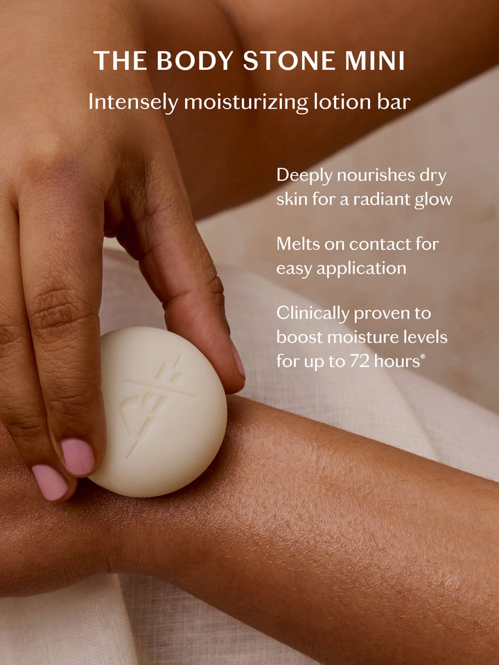 Informational image showing the intensely moisturizing benefits of the sleep stone mini lotion bar.