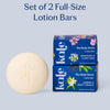 Set of 2 full-size lotion bars with their packaging on a light blue background