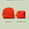 The Travel Bag, a poppy-orange quilted, zippered pouch, against a light green background. Shows the 2 different sizes offered: original travel sized bag and mini travel bag.