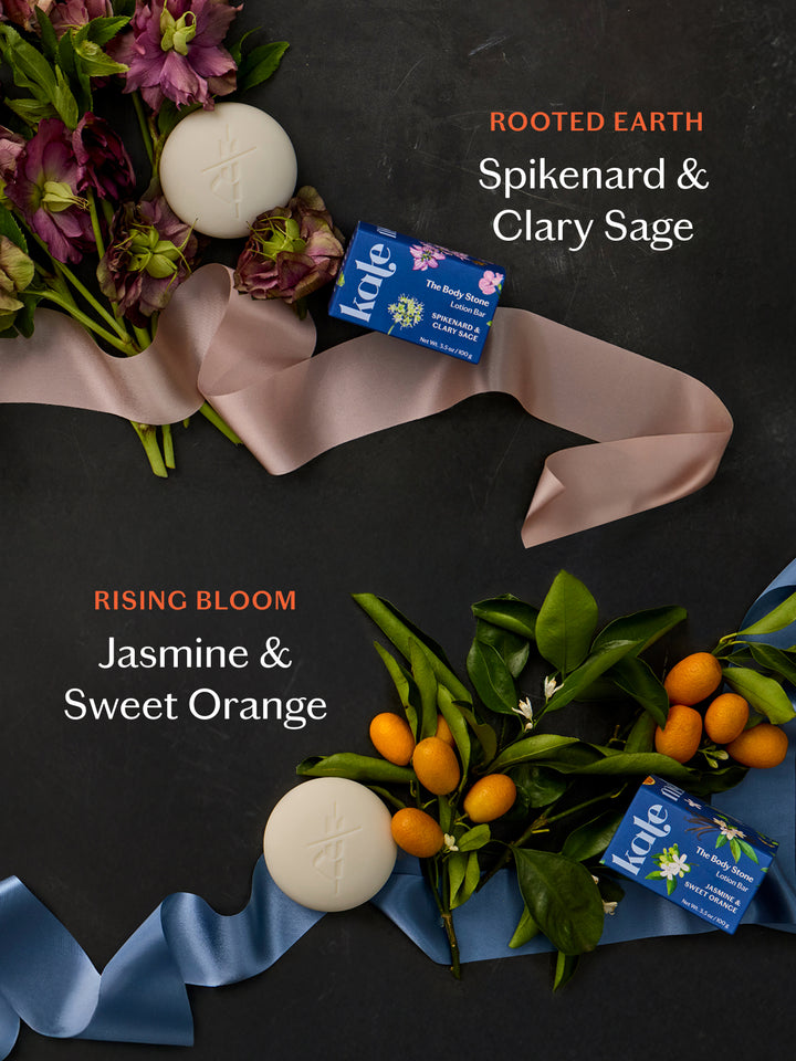 Spring limited edition Body Stones with packaging, ingredients, and ribbons laid against a dark background.