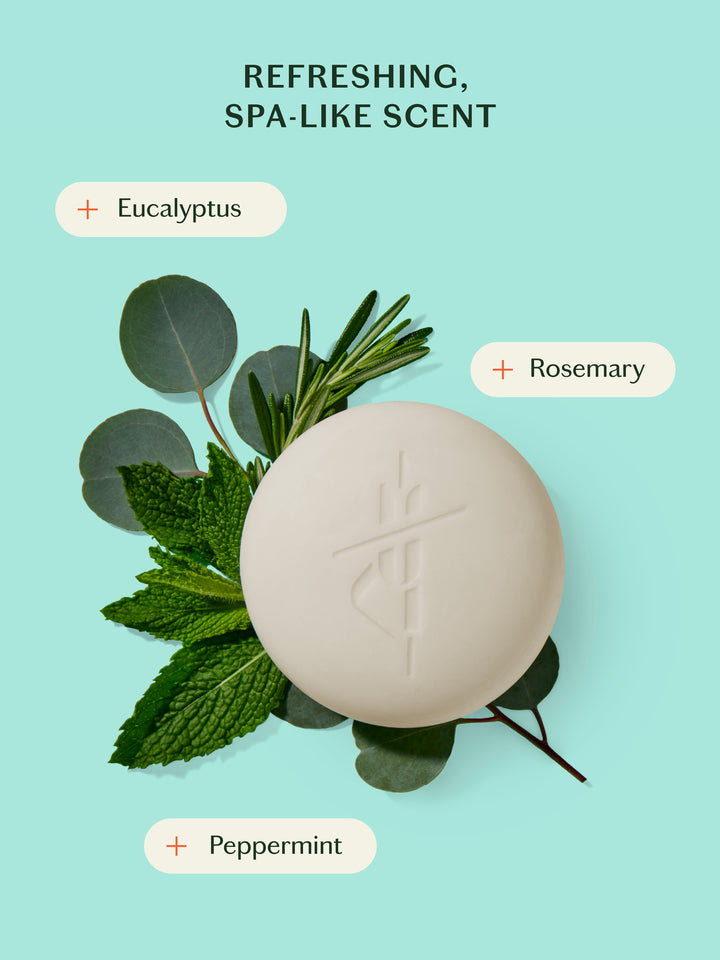Refreshing, spa-like scent. The foot stone overlayed on top of eucalyptus, rosemary and peppermint on a light teal background.
