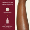 Promotional graphic for a lotion bar. The left side has a dark red background with white text reading 'Like Lotion, but More Powerful' and 'One application = More cocoa butter than an entire bottle of lotion,' with a small illustration of a round bar and a pink pump bottle.