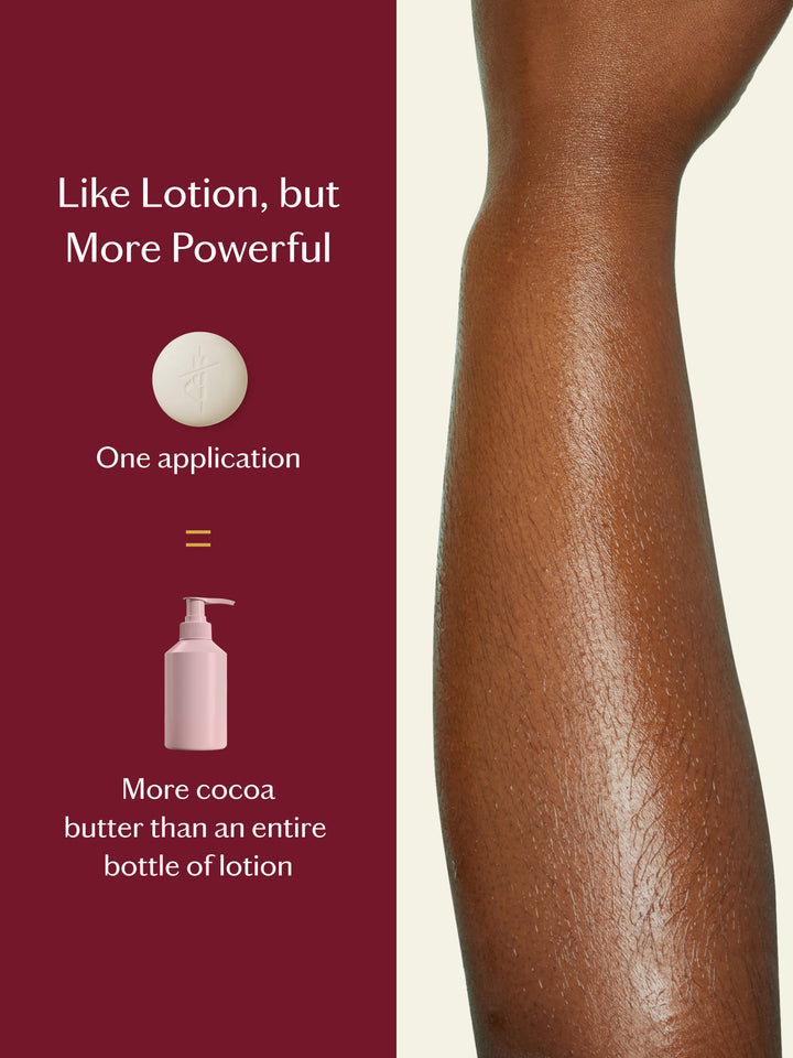 Promotional graphic for a lotion bar. The left side has a dark red background with white text reading 'Like Lotion, but More Powerful' and 'One application = More cocoa butter than an entire bottle of lotion,' with a small illustration of a round bar and a pink pump bottle.