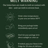 “Melt Warning” graphic from Kate McLeod featuring cream typography and minimalist line illustrations on a deep forest green background. Text explains that Kate McLeod lotion bars are designed to melt on contact with skin and may soften in extreme heat. Care instructions include: order when temperatures are below 90°F, bring packages inside immediately upon arrival, avoid leaving products in direct sunlight or hot cars, and refrigerate melted Stones for 30 minutes to restore firmness. Icons depict a sun, del